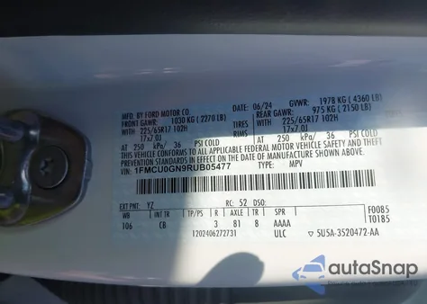 2024 Ford Escape Active из США, поврежденный, VIN 1FMCU0GN9RUB05477